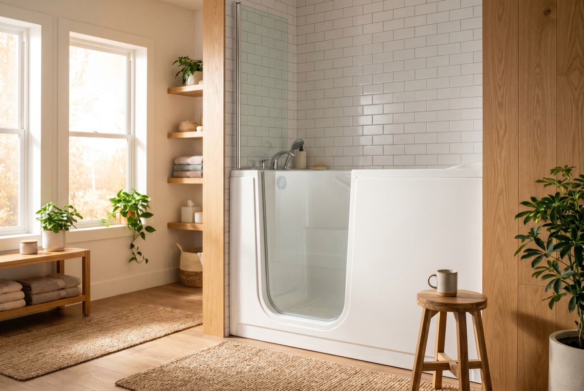Badewanne mit seitlicher Einstiegstür und Haltegriff für sicheres Baden