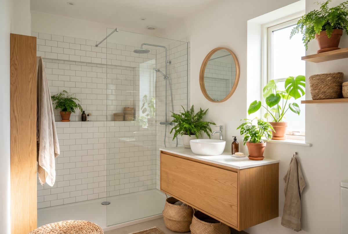 Komplett saniertes barrierefreies Bad mit bodengleicher Dusche, Waschtisch und WC