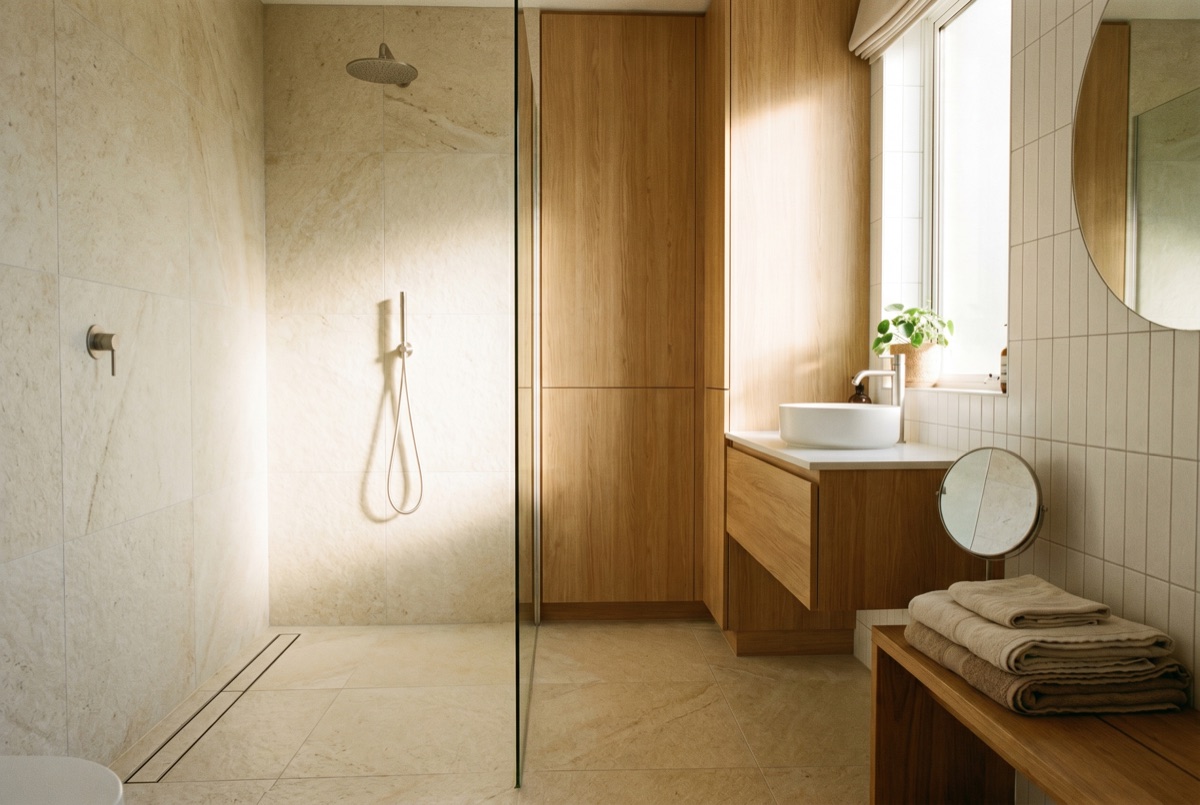 Moderne ebenerdige Walk-in-Dusche mit rutschsicheren Fliesen und fester Glaswand