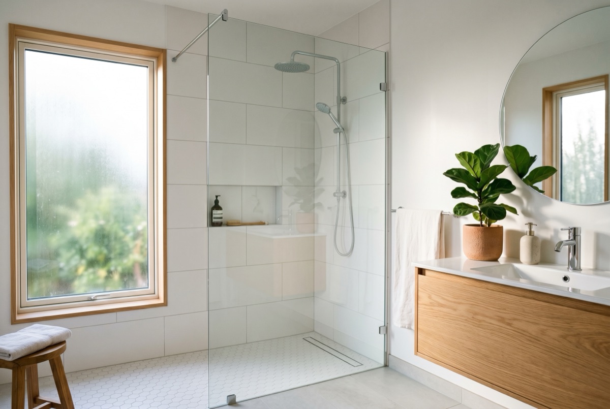 Helle bodengleiche Dusche mit Glaswand, nach dem Tausch der alten Badewanne